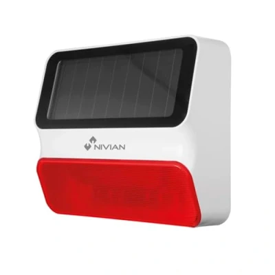 Immagine di Nivian Sirena wireless ad alimentazione solare compatibile con allarme Adatta per esterni Avviso luminoso e sonoro da 100 dB Include batteria Installazione semplice
