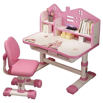 Immagine di Calager Set di scrivania e sedia per bambini, regolabile in altezza, da studenti scolastici, con cassetto leggio, ergonomica ragazze, rosa