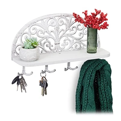 Immagine di Relaxdays Appendiabiti da Parete con Mensola, Design Antico, 4 Ganci Doppi, Portaoggetti, Ghisa, 23x39x11,5 cm, bianco