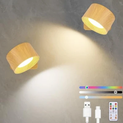 Immagine di Diealles Shine Applique da Parete Interno 2 Pcs, USB C Lampada Parete, Plafoniere Dimmerabili Senza Forare, Ruotare 360, Touch Control e Telecomando, 19 RGB Colori (Colore Legno)