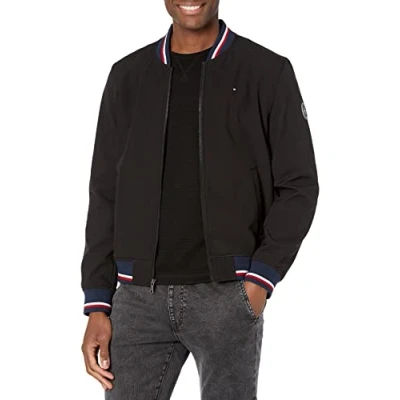 Immagine di Tommy Hilfiger Bomber Leggero in Maglia a Coste Varsity Giacca Shell, Guscio Morbido Nero, L Uomo