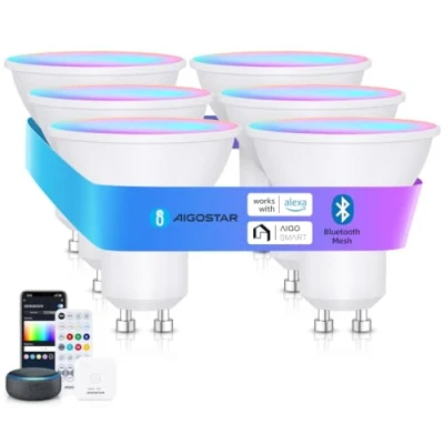 Immagine di Aigostar Mesh 6.5W GU10 Lampadine Alexa Bluetooth Mesh, Lampadina Smart Works with Alexa, LED 555LM RGB &amp; CCT(2700K 6500K), 6 Unità (Con Telecomando e Gateway)