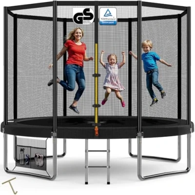 Immagine di Devoko Trampolino Elastico per Adulti e Bambini, Tappeto da Giardino Ø 183/228/305/366/427 cm Set Completo con Rete di Sicurezza, Scaletta, Copertura, Scarpe,150 kg(Nero)