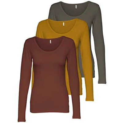 Immagine di ONLY Confezione da 3 maniche lunghe donna, a lunghe, colore nero e bianco, basic estive, 95% cotone, XS S M L XL 15209156, colori Mix 3.,
