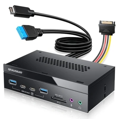 Immagine di GRAUGEAR 8 interfacce [10 Gbps] Pannello frontale da 5,25 pollici con 2 X USB C e A 3.2 Gen2 10 Gbps, lettore di schede SD microSD, audio I/O, microfono, porte cuffie