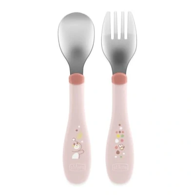 Immagine di Chicco Posatine Inox, Posate Bambini, Set Pappa, Forchetta e Cucchiaio per in Acciaio Inossidabile, Facili da Impugnare, Svezzamento Prima 2 Pezzi, 18M+, Rosa