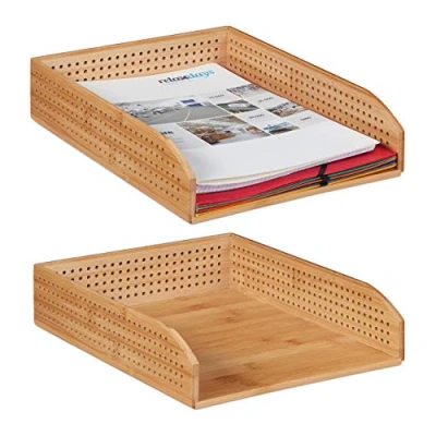 Immagine di 2x Vaschetta Portadocumenti in Bambù Perforato, Impilabile, Formato A4, Scrivania, Ufficio, HLP 7x25x33 cm, Legno