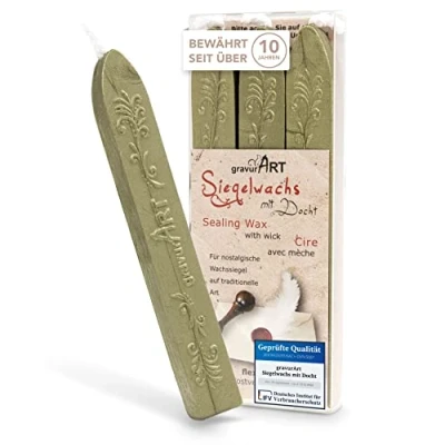 Immagine di Cera per sigillo con stoppino, flessibile, 3 bastoncini, colore: verde oliva perlato