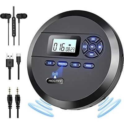 Immagine di lettore CD portatile, DESOBRY Discman portatile con altoparlanti e trasmettitore FM, per auto, batteria integrata da 2000 mAh, Walkman schermo LCD