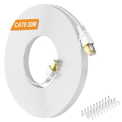 Immagine di Nowunke Cavo Ethernet 20 Metri, Cat 8 Lan metri di Rete Piatto Alta Velocità 40Gbps 2000MHz RJ45 Gigabit Schermato Internet Bianco Impermeabile Patch per Switch, Router, Modem