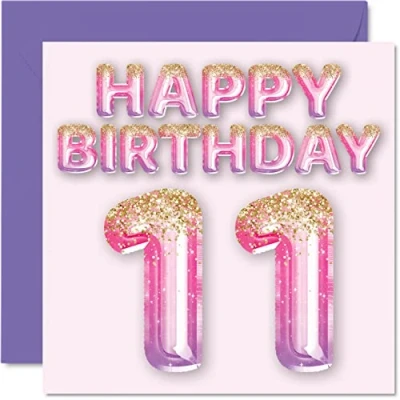 Immagine di Biglietto di auguri per 11 compleanno ragazze, con palloncini glitterati rosa e viola, biglietti anni, figlia, sorella, nipote, cugina, 145 mm x mm, undicesimo