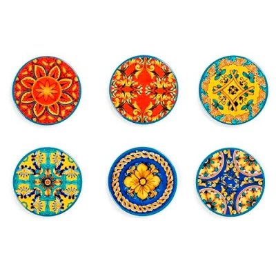 Immagine di Excelsa Trinacria Set 6 Sottobicchieri, Ceramica, Base in Sughero, Diametro 10,5 Cm., Multidecoro