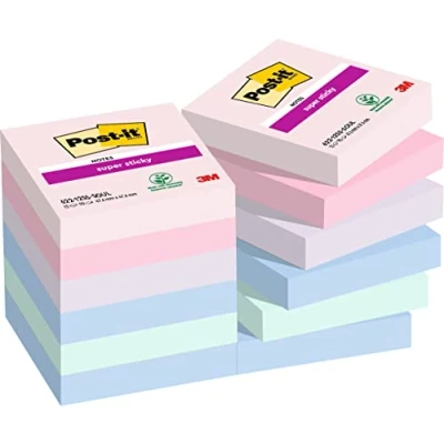 Immagine di Post it Foglietti Super Sticky, Collezione Soulful , Confezione da 12 blocchetti, 90 Fogli Per blocco, 47,6 mm x mm, Colori Rosa, Viola, Verde, Grigio, Azzurro. Appunti, Elenchi &amp; Promemoria