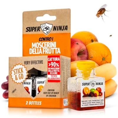 Immagine di Super Ninja Trappola per Mosche della Frutta 2 Trappole Ecologiche ad alta Efficacia Interni Facile da Usare Fino a 3 Settimane Flacone