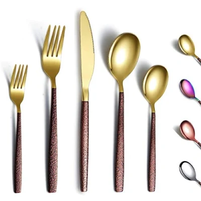 Immagine di Berglander Set di posate 30 pezzi con manico in superficie lunare e placcatura titanio testa oro lucido, moderne acciaio inossidabile utensili per 6