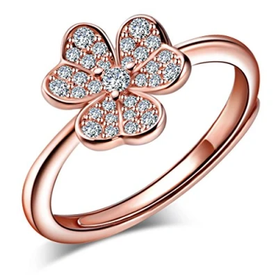 Immagine di Yumilok Jewelry Anello regolabile in argento Sterling 925 con zirconia cubica, trifoglio e fiore lucido, per donne ragazze, placcato oro rosa