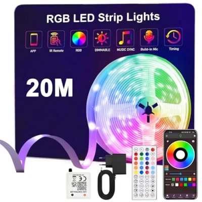 Immagine di Anmossi Striscia Led 20 Metri,Strisce RGB con Bluetooth APP e Telecomando,Musica Sincronizza,Modalità Temporizzazione,la Adatto per Interni,Camera,Soggiorno,Feste la Decorazioni Casa