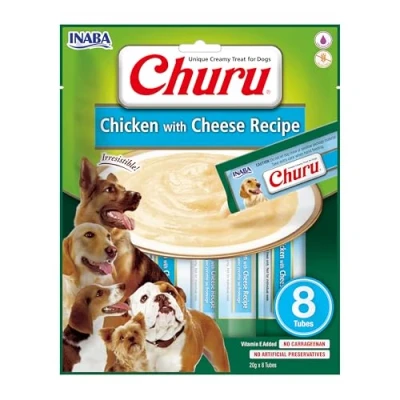 Immagine di INABA Churu Snack per Cani Cremoso al Pollo e Formaggio 1 Pack (8 Stick x 20gr) Premietti Cane Ipocalorici Morbidi Deliziosi, Senza Conservanti o Coloranti Artificiali, Grain Free