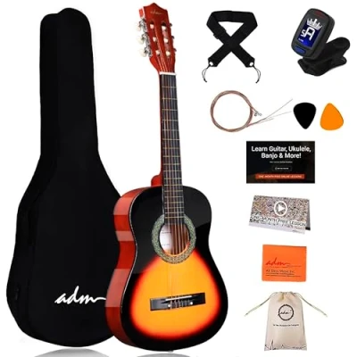 Immagine di ADM Kit chitarra classica 1/2 per bambini, 86,4 cm, set principianti con custodia, accordatore a clip, cinghia, plettri, corde extra, custodia e panno la pulizia (Peachy Sun)