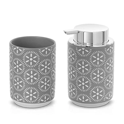 Immagine di Inbagno Set Accessori Bagno Grigio, Dispenser Sapone 350 ml e portaspazzolino Multiuso in Ceramica, Serie Circus