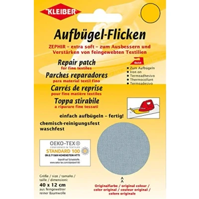 Immagine di Kleiber Toppa per riparazioni termoadesiva in Cotone 40 x 12 cm Tessuti a Maglia fine, Grigio Chiaro