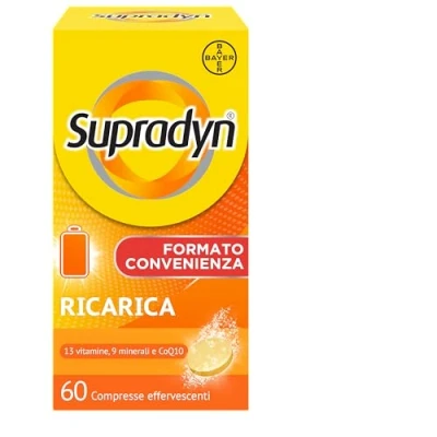 Immagine di Supradyn Ricarica Multivitaminico Completo Vitamine e Minerali per Adulti, Integratore A, B, C, D3, E, K, Magnesio, Calcio, Zinco, Selenio Q10, Gusto Arancia 60 Compresse Effervescenti