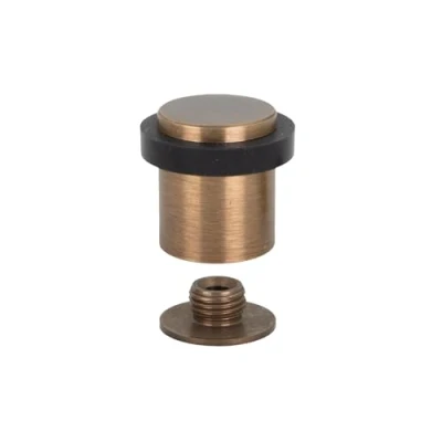 Immagine di Fermaporta 24 x 30 mm Gomma nera Ottone finitura pelle anticato Base filettata Include vite + tappo di bloccaggio Mod. I 19124 CU EVI Hardware