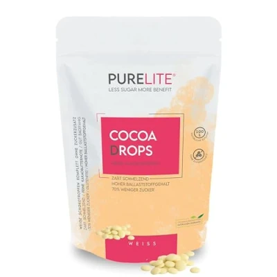Immagine di PURELITE Cocoa Drops bianco 450g, gocce di cioccolato senza zuccheri aggiunti con eritritolo e stevia retrogusto, il 70% calorie in meno