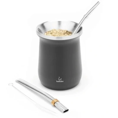 Immagine di BALIBETOV Mate Argentino Set Yerba Moderna (Tazza Mate) Acciaio Inossidabile 18/8 a Doppia Parete Include Due Bombilla e Una Spazzola per la Pulizia (Nero)