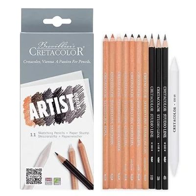 Immagine di CRETACOLOR Artist Studio Set di matite da disegno 11 pezzi, incl. Tergicristalli, penne atossiche, attrezzatura base per ogni artista, ideale i principianti
