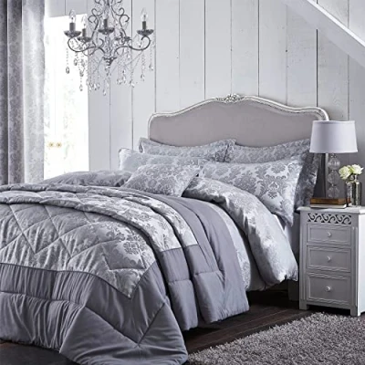 Immagine di Catherine Lansfield damascato jacquard copripiumino matrimoniale king argento