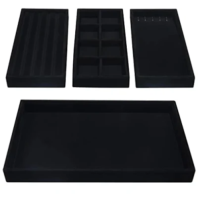 Immagine di BELLE VOUS Vassoio per gioielli impilabile in velluto nero (set di 4) 35,3 x 24,2 cm Contenitore gioielli, cassetto, sezioni rimovibili collane, anelli, bracciali e orecchini