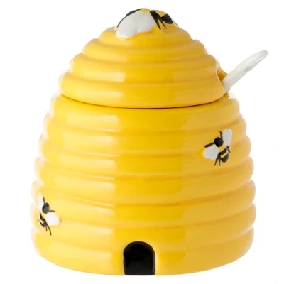Immagine di Puckator Barattolo per miele in ceramica a forma di alveare, zuccheriera con coperchio e cucchiaio, piatto da portata