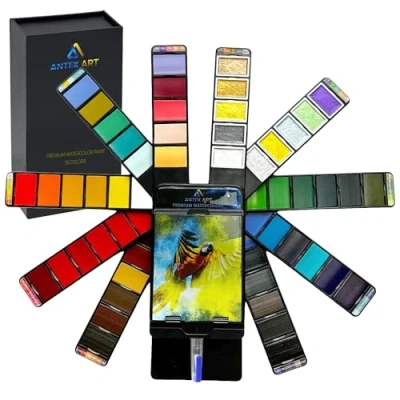 Immagine di ANTEK ART Set Vernici Acquerelli Premium (incl. Acquerello Metallizzato), in Custodia Portatile con Palette e Pennello Serbatoio, Ideale Regalo per Artisti, Pittori (56 Colori)