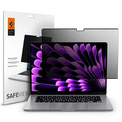 Immagine di Spigen Safeview Filtro Privacy Magnetico compatibile con MacBook Air 15 pollici (M3 / 2024, M2 2023), Anti Spia, Rimovibile, Panno per la Pulizia e Custodia, Pellicola prottetiva