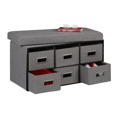 Immagine di Relaxdays Panca Contenitore con 6 Cassetti, Pieghevole, Ingresso o Camera Letto, HLP 39x75,5x37 cm, Porta Giochi, Grigio