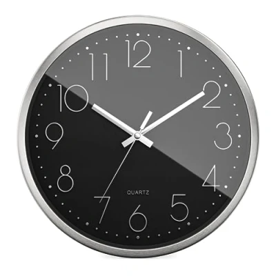 Immagine di Mebus Orologio da parete al quarzo, senza ticchettio, rumore, telaio in alluminio, quadrante arabo, numeri 3D, lancette argento, nero, 30 cm