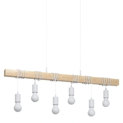 Immagine di Eglo Lampada a sospensione Townshend, Lampadario sospeso vintage sei luci dal design industriale, sospesa retrò in acciaio e legno, bianco, marrone, E27