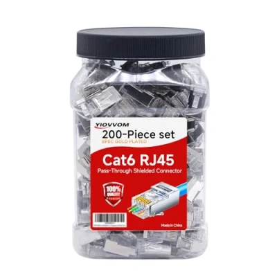 Immagine di YIOVVOM Connettori RJ45 8P8C schermati Cat 6 (connettore Cat6/spine modulari RJ45/estremità 6/spine Ethernet) Connettore di rete UTP per filo solido e cavo standard, trasparente, confezione da 200