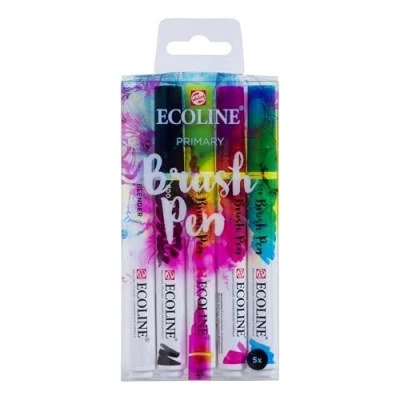 Immagine di Set di penne a pennello Ecoline 5 colori primari Aggiunta del nero e una penna blender per tavolozza base Perfetta scritte mano, acquerelli, schizzi veloci ritocchi