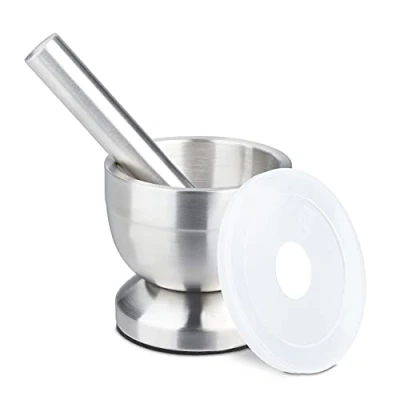 Immagine di relaxdays Mortaio e Pestello, in Acciaio, Erbe Aromatiche Spezie Volume: 200 ml, con Coperchio, D: 10 cm, Argentato, Inox