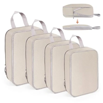 Immagine di WUFANC Set di 4 Pezzi Organizer Valigia, Viaggio Accessori Utili Comprimibili, Impermeabili Resistenti All&#039;usura, Aereo in Grado Soddisfare Tutte Vostre Esigenze (Beige)