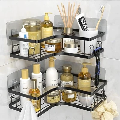 Immagine di MOSUO Mensola Doccia, Doccia senza Foratura 2 Pezzi Accessori Bagno SUS 304 Acciaio Inox, Mensole con 8 Ganci e 6 Adesivi Angolare Organizzatore Nero
