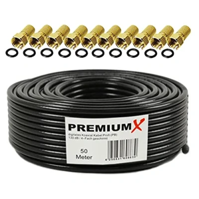 Immagine di PremiumX Professionale Set Cavi Coassiali da 50m Satkabel Nero Rame Puro Antennenkabel Schermato 4 vie 10 Connettori F Inclusi Supporta 8K, 4K UHD &amp; 3D per Sat, Cavo, DVB T