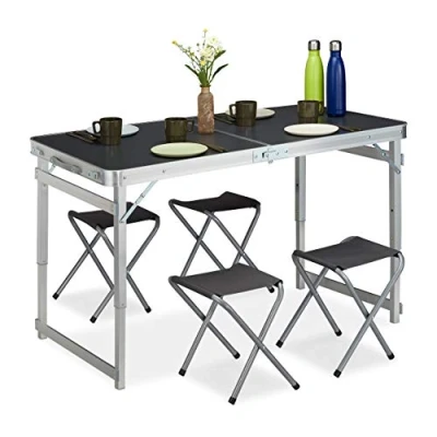 Immagine di Relaxdays Tavolino da Campeggio, Pieghevole, 4 Sedie, Regolabile in Altezza, 120 x 60 cm, Alluminio, MDF, Argento/Grigio, 1 pz
