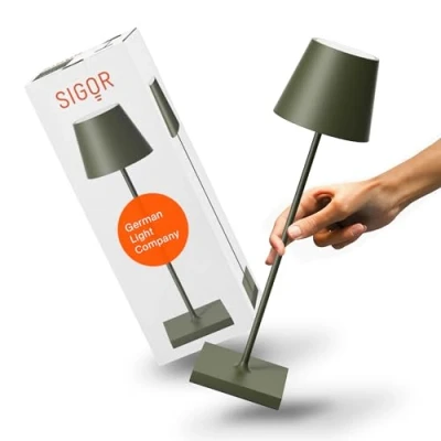 Immagine di SIGOR Nuindie Lampada da tavolo a LED dimmerabile, per interni ed esterni, IP54, resistente agli spruzzi, altezza 38 cm, ricaricabile con USB C, durata 12 ore, sottile