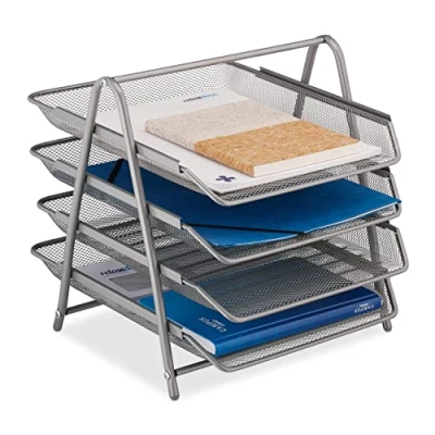 Immagine di Relaxdays Organizer Portadocumenti con 4 Vaschette, Portalettere A4, HxLxP 32,5 x 30 35 cm, Rete in Acciaio, Argentato