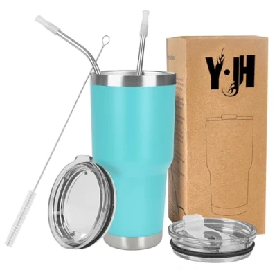 Immagine di Y·JH 30oz (850ml) Bicchiere da viaggio Tazza caffè a doppia parete isolata sottovuoto in acciaio inossidabile con 2 coperchi antispruzzo, cannucce, senza BPA Turchese