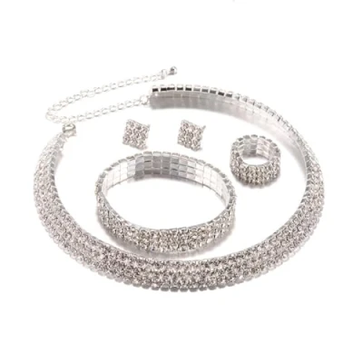 Immagine di Danshinbow Set di gioielli con collana, bracciale, anello e orecchini, strass, per feste matrimoni, donne ragazze, Metallo, Strass