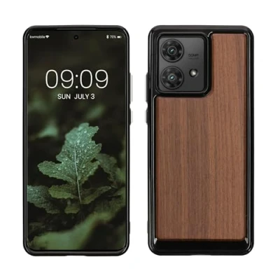 Immagine di kwmobile Custodia Compatibile con Motorola Edge 40 Neo Cover Protezione in Legno per Smartphone Back Case Bumper Silicone TPU marrone scuro